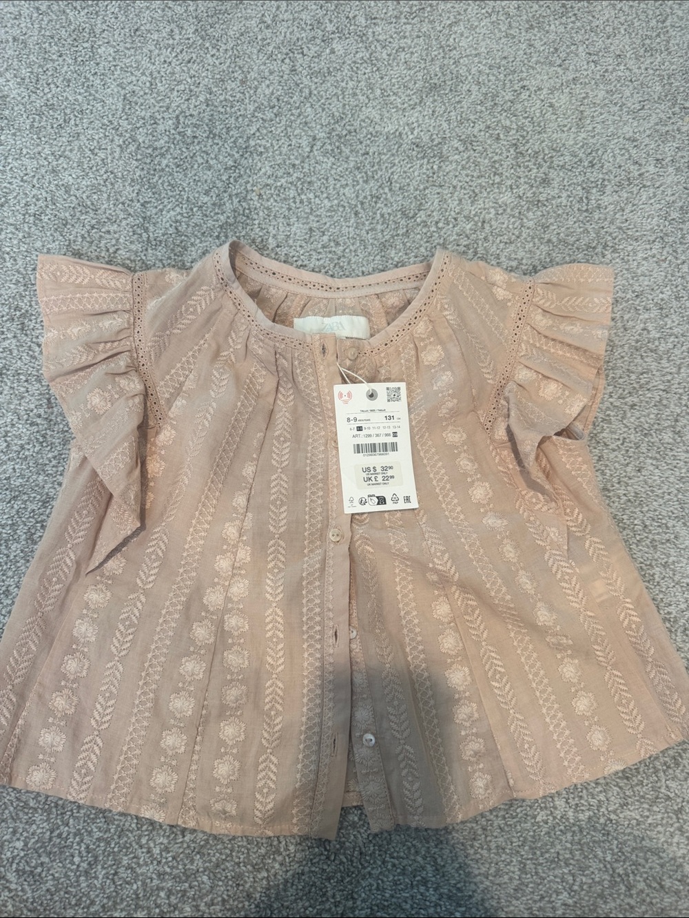 Zara Pink Floral Jacquard Flutter Sleeve Blouse